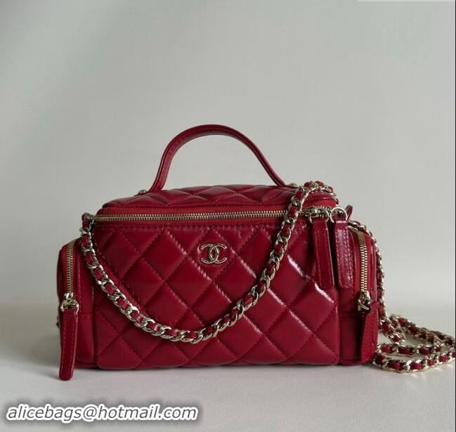 Luxury Cheap Chanel Shiny Crumpled Lambskin Vanity Case Bag with Pockets AS5222 Red 2024 TOP