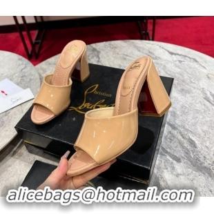 Good Quality Christian Louboutin Jane Heel Slides Sandal 8.5cm in Patent Leather Beige 702008