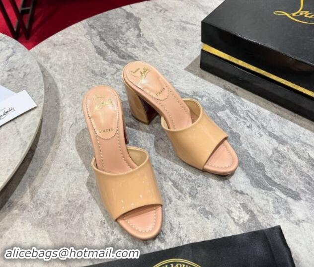 Good Quality Christian Louboutin Jane Heel Slides Sandal 8.5cm in Patent Leather Beige 702008