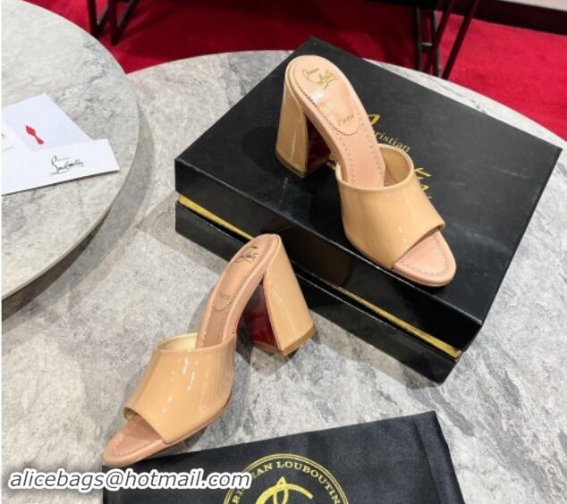 Good Quality Christian Louboutin Jane Heel Slides Sandal 8.5cm in Patent Leather Beige 702008