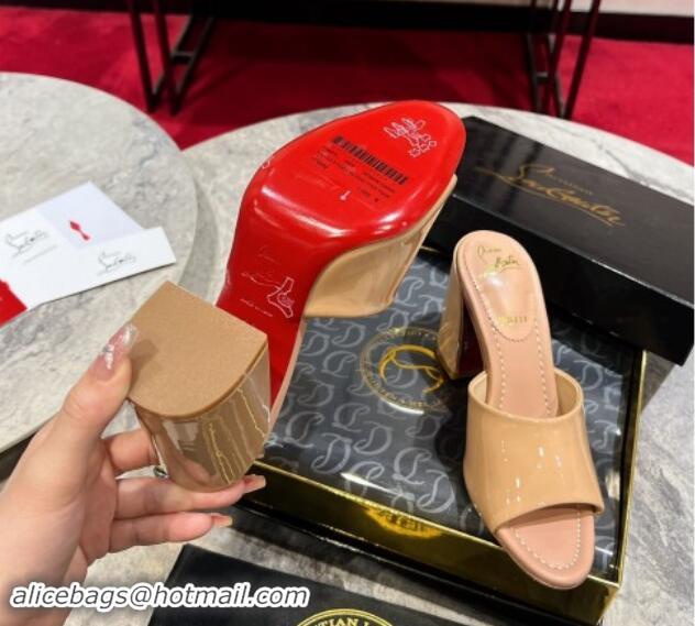 Good Quality Christian Louboutin Jane Heel Slides Sandal 8.5cm in Patent Leather Beige 702008