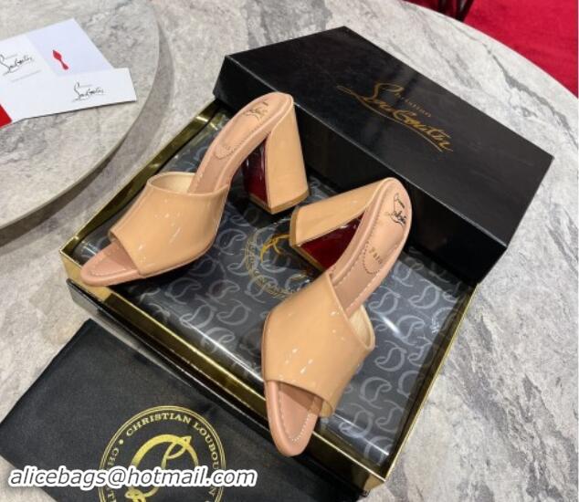 Good Quality Christian Louboutin Jane Heel Slides Sandal 8.5cm in Patent Leather Beige 702008