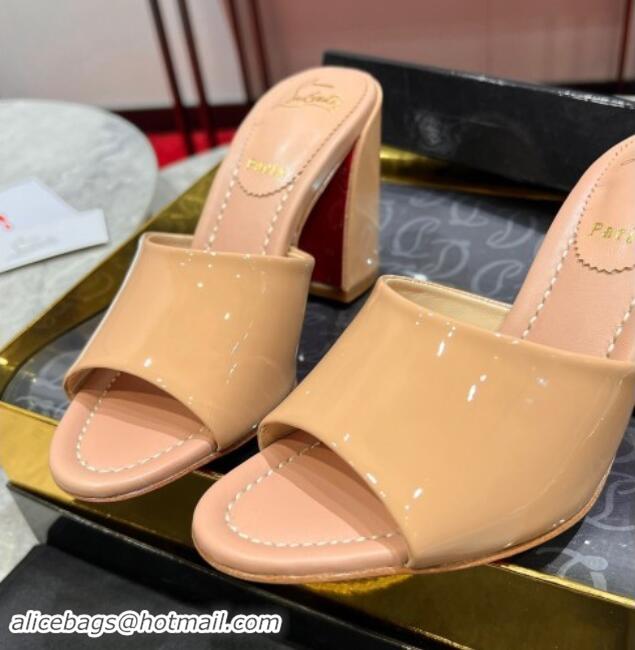 Good Quality Christian Louboutin Jane Heel Slides Sandal 8.5cm in Patent Leather Beige 702008