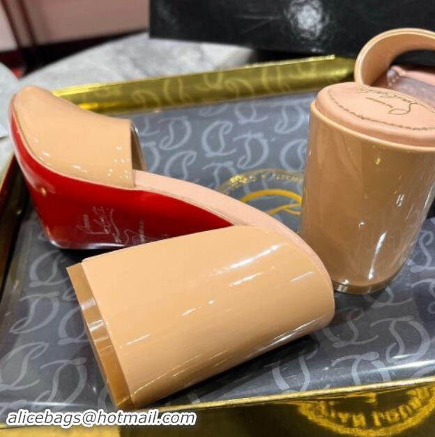 Good Quality Christian Louboutin Jane Heel Slides Sandal 8.5cm in Patent Leather Beige 702008