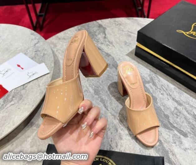 Good Quality Christian Louboutin Jane Heel Slides Sandal 8.5cm in Patent Leather Beige 702008