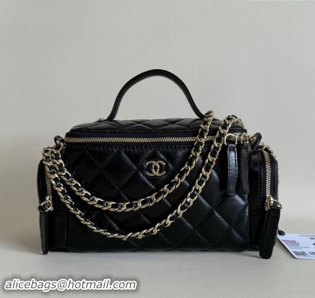 Low Cost Chanel Shiny Crumpled Lambskin Vanity Case Bag with Pockets AS5222 Black 2024 TOP