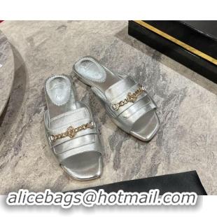 Popular Style Christian Louboutin MJ Leather Flat Slides Sandal with Logo Chain Silver 904099