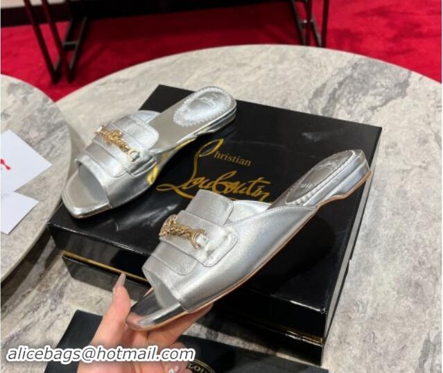 Popular Style Christian Louboutin MJ Leather Flat Slides Sandal with Logo Chain Silver 904099