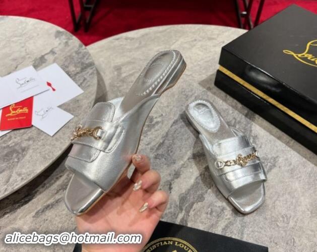 Popular Style Christian Louboutin MJ Leather Flat Slides Sandal with Logo Chain Silver 904099