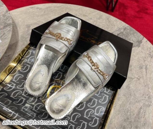 Popular Style Christian Louboutin MJ Leather Flat Slides Sandal with Logo Chain Silver 904099