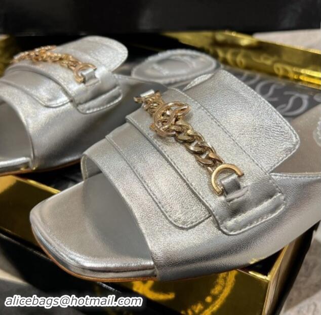 Popular Style Christian Louboutin MJ Leather Flat Slides Sandal with Logo Chain Silver 904099