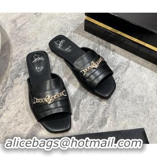 Best Price Christian Louboutin MJ Leather Flat Slides Sandal with Logo Chain Black 904100