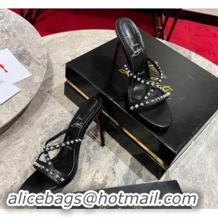 Luxury Cheap Christian Louboutin Tatoosh Spikes Leather Heel Slides Sandal 10cm Black 904101