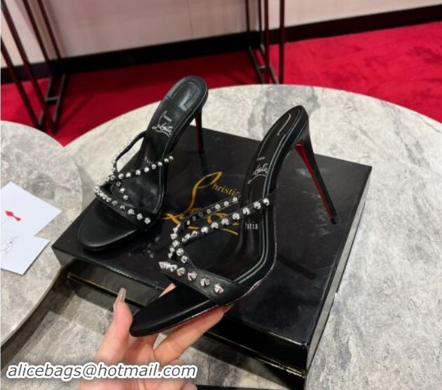 Luxury Cheap Christian Louboutin Tatoosh Spikes Leather Heel Slides Sandal 10cm Black 904101