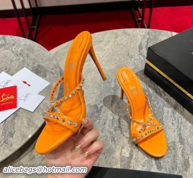 Cheap Price Christian Louboutin Tatoosh Spikes Leather Heel Slides Sandal 10cm Orange 904103