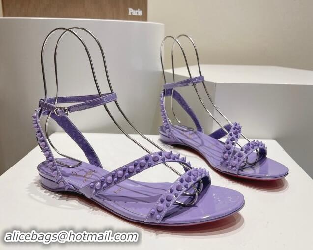 Top Grade Christian Louboutin Spikes Leather Flat Sandals Purple 904107