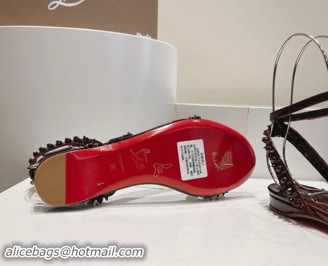 Grade Quality Christian Louboutin Spikes Leather Flat Sandals Dark Brown 904108