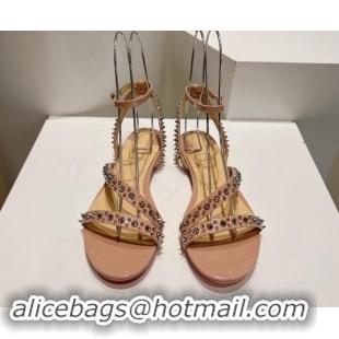 Luxurious Christian Louboutin Spikes Leather Flat Sandals Nude Pink 904109