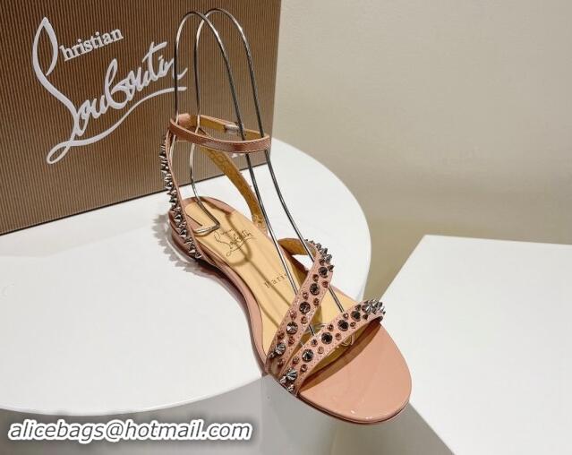 Luxurious Christian Louboutin Spikes Leather Flat Sandals Nude Pink 904109