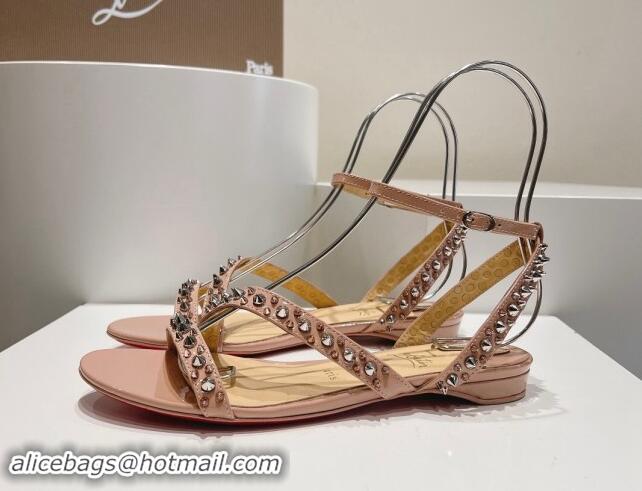 Luxurious Christian Louboutin Spikes Leather Flat Sandals Nude Pink 904109