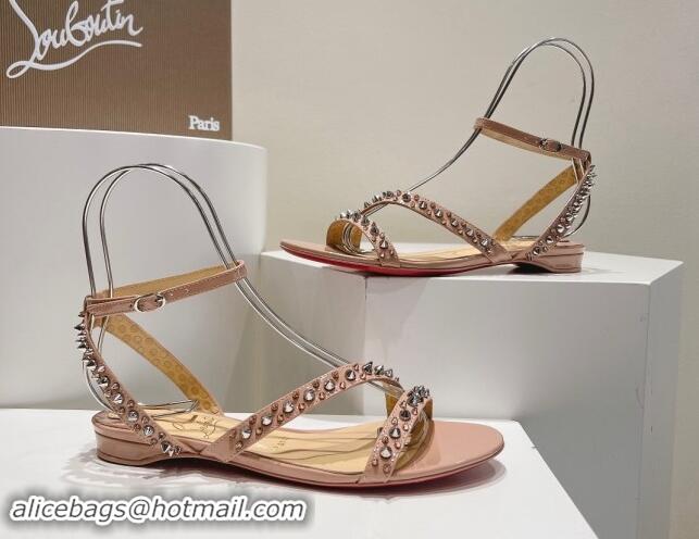 Luxurious Christian Louboutin Spikes Leather Flat Sandals Nude Pink 904109