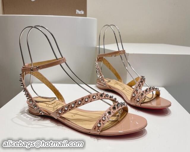 Luxurious Christian Louboutin Spikes Leather Flat Sandals Nude Pink 904109