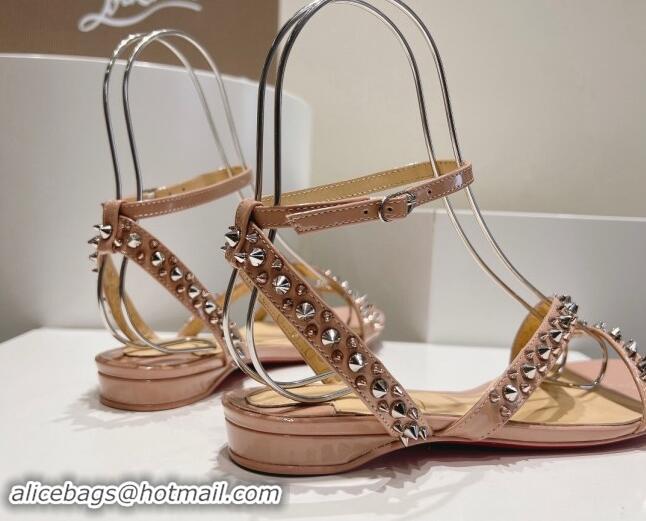 Luxurious Christian Louboutin Spikes Leather Flat Sandals Nude Pink 904109