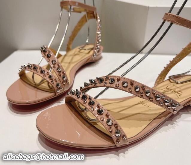 Luxurious Christian Louboutin Spikes Leather Flat Sandals Nude Pink 904109