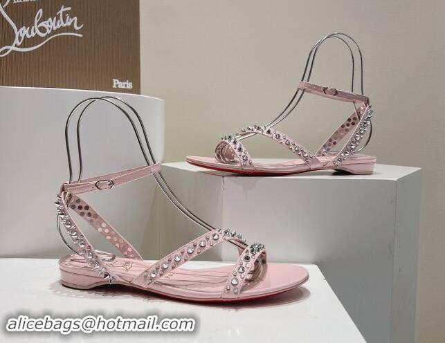 Most Popular Christian Louboutin Spikes Leather Flat Sandals Light Pink 904110