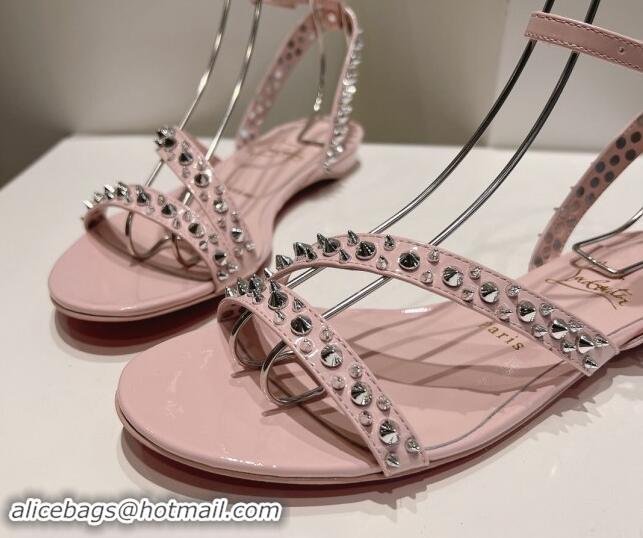 Most Popular Christian Louboutin Spikes Leather Flat Sandals Light Pink 904110