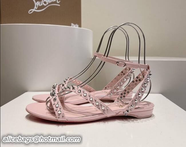 Most Popular Christian Louboutin Spikes Leather Flat Sandals Light Pink 904110