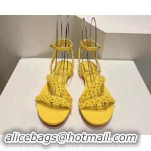 Best Grade Christian Louboutin Spikes Leather Flat Sandals Yellow 904111