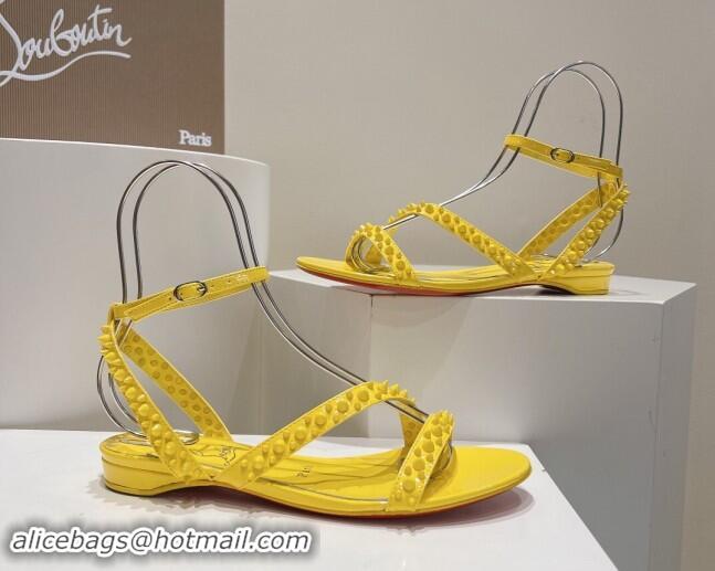 Best Grade Christian Louboutin Spikes Leather Flat Sandals Yellow 904111