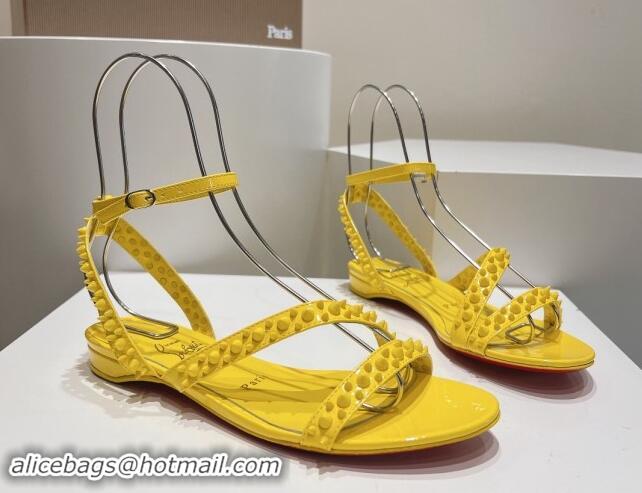 Best Grade Christian Louboutin Spikes Leather Flat Sandals Yellow 904111