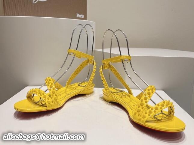 Best Grade Christian Louboutin Spikes Leather Flat Sandals Yellow 904111