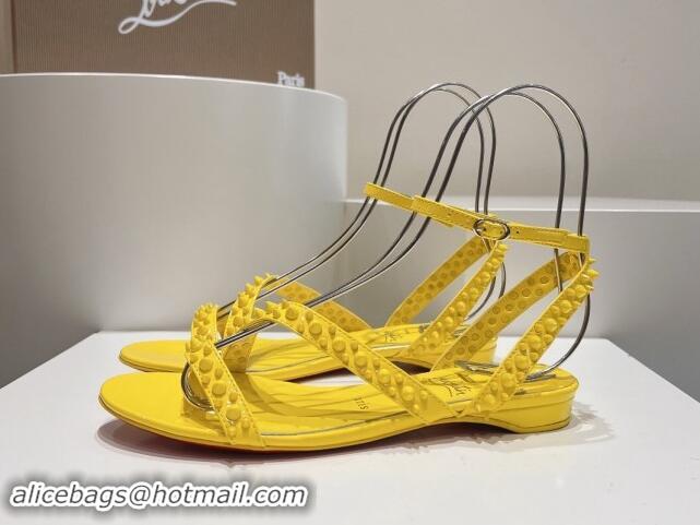 Best Grade Christian Louboutin Spikes Leather Flat Sandals Yellow 904111