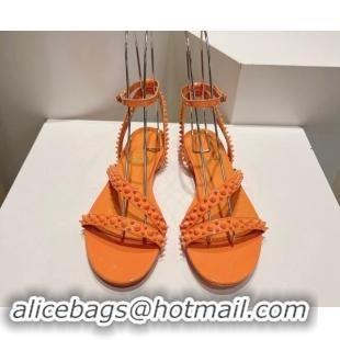 Low Price Christian Louboutin Spikes Leather Flat Sandals Orange 904112