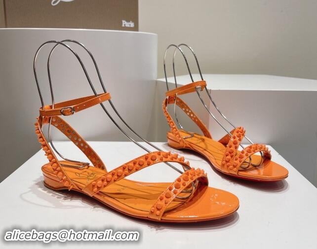 Low Price Christian Louboutin Spikes Leather Flat Sandals Orange 904112