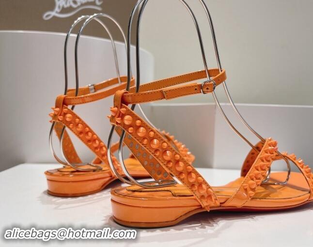 Low Price Christian Louboutin Spikes Leather Flat Sandals Orange 904112