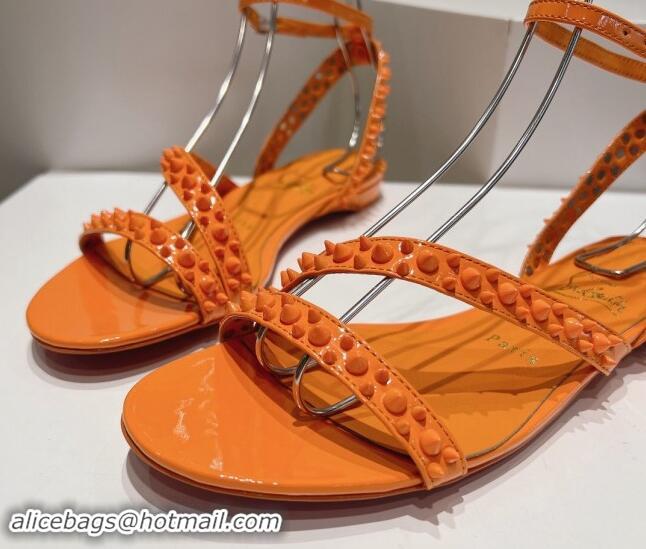 Low Price Christian Louboutin Spikes Leather Flat Sandals Orange 904112