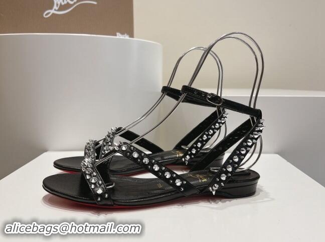 Grade Christian Louboutin Spikes Leather Flat Sandals Black 904114