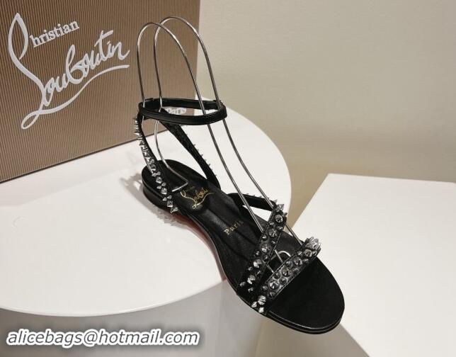 Grade Christian Louboutin Spikes Leather Flat Sandals Black 904114