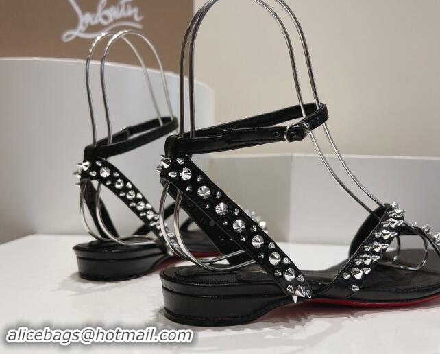 Grade Christian Louboutin Spikes Leather Flat Sandals Black 904114