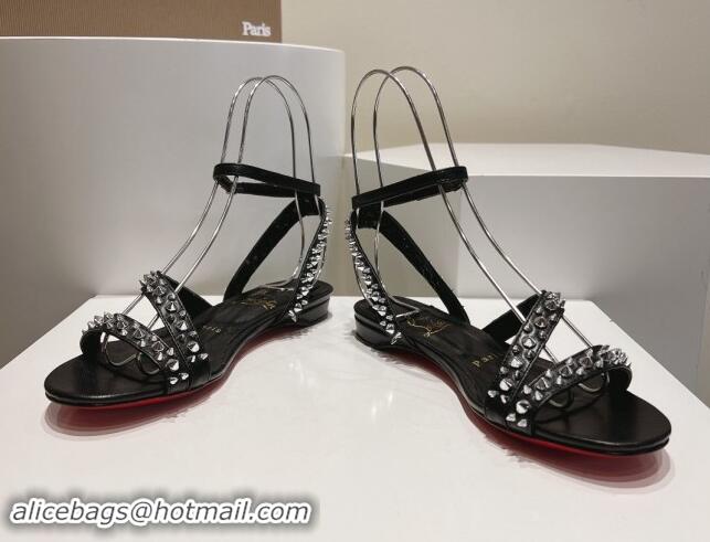 Grade Christian Louboutin Spikes Leather Flat Sandals Black 904114