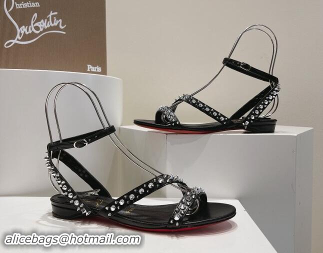 Grade Christian Louboutin Spikes Leather Flat Sandals Black 904114