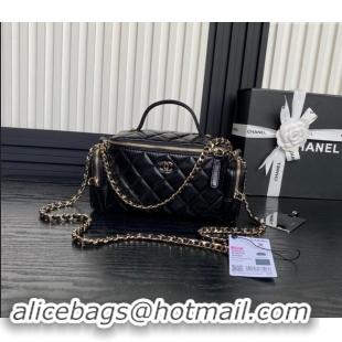 Famous Brand Chanel Shiny Crumpled Lambskin Vanity Case Bag with Pockets AS5222 Black 2024