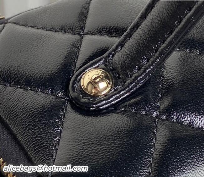 Famous Brand Chanel Shiny Crumpled Lambskin Vanity Case Bag with Pockets AS5222 Black 2024