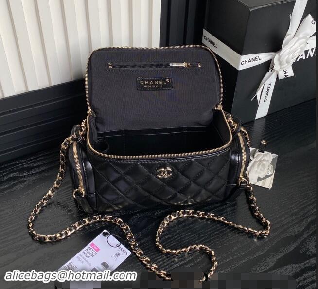 Famous Brand Chanel Shiny Crumpled Lambskin Vanity Case Bag with Pockets AS5222 Black 2024