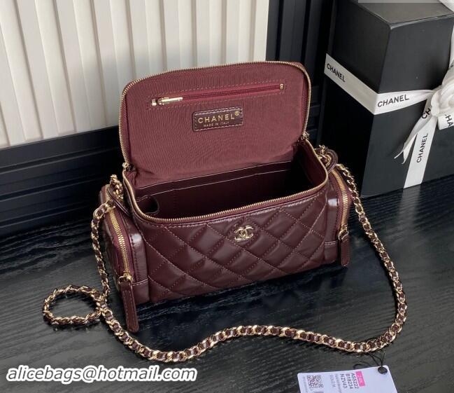 Best Price Chanel Shiny Crumpled Lambskin Vanity Case Bag with Pockets AS5222 Dark Burgundy 2024