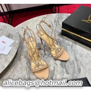 1:1 Christian Louboutin Tatoosh Spikes Sandals 10cm in Lambskin with Cross Strap Nude 1011023